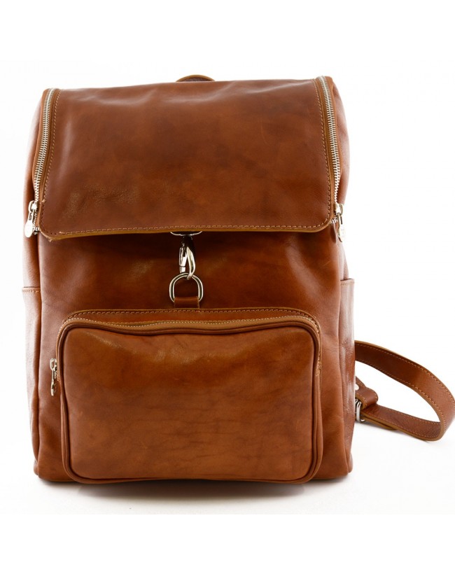 Genuine Leather Backpack with Zip Closure and Carabiner - Bando