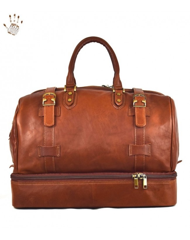 Leather Travel Bag with Double Bottom for Shoes - Morgan